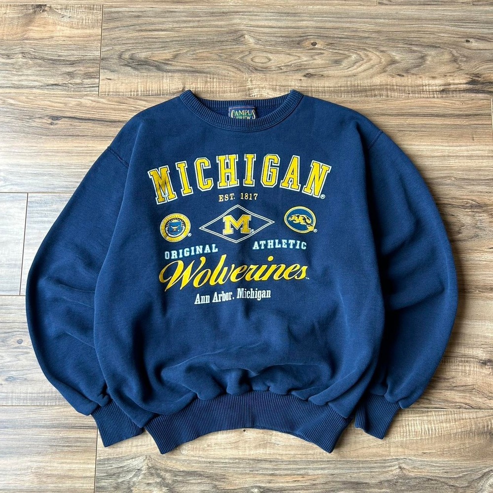 Vintage 90s Campus Crew University of Michigan Wolverines M Crewneck Sweatshirt